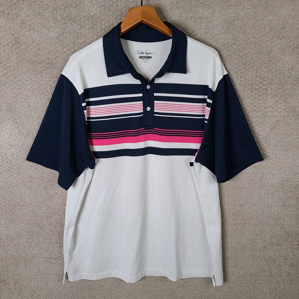 Walter Hagen Shirt Mens XL White Blue Pink Striped Polo Golf Casual Short Sleeve